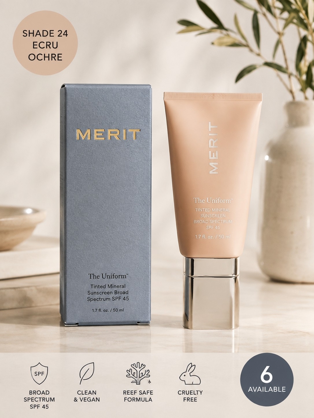 MERIT The Uniform Tinted Mineral Sunscreen SPF 45 Shade 24 Ecru Ochre NIB